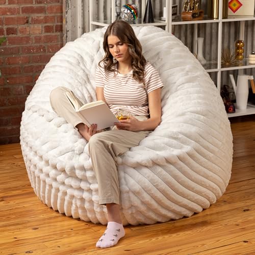 Image of Jaxx 6 Foot Cocoon - 2-in-1 Convertible Bean Bag Bed & Large Bean Bag Chair for Adults, Premium Luxe Faux Fur - Mondo Ivory