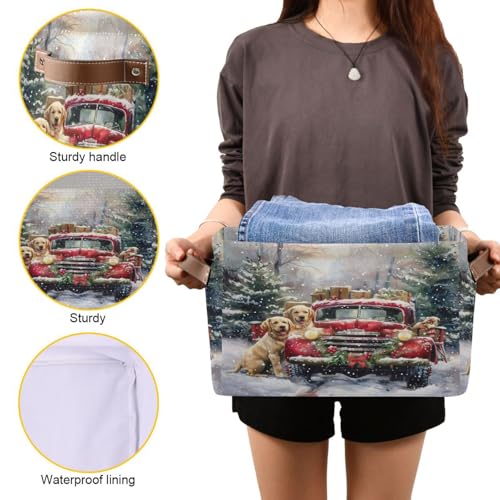 Image of Christmas Truck Golden Retriever Storage Basket Fabric Kitchen Baskets Winter Car Dogs Xmas Tree Open Home Storage Bins Boxes Foldable Organizer Bag for Book Shelf Closet Baskets 16x12x8 Inches 2 Pack