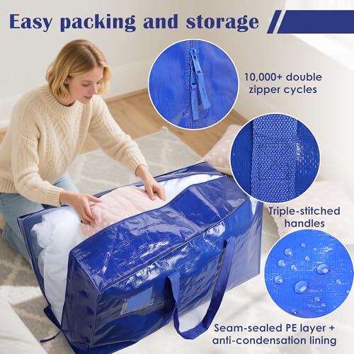 Image of 12 Pack Moving Bags with Full-Open Side Zipper, Extra Large 93L Heavy Duty Waterproof Foldable Storage Totes for College Dorm, Moving & Home Organization Blue