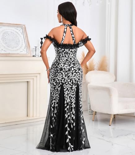 Image of Cololura Women Sexy Sequin Halter Neck Short Sleeve Mesh Perspective Party Bodycon Evening Cocktail Maxi Dress