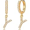 MEVECCO 18K Dainty Gold Filled Pave Cubic Zircon Letter Charm Huggie Hoop Earrings Wear Initials A-Z 26 Letter Charm Earrings Personalized Tiny Dangle Minimalist Initial Jewelry