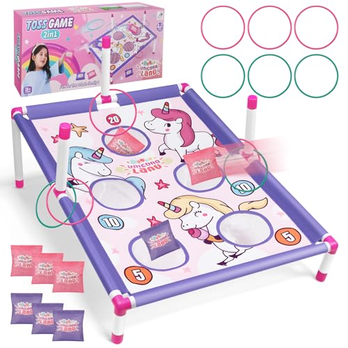 Cornhole Spiel Wurfspiel Game Set mit 6 Sitzsäcken und 3 Kugeln, Sitzsackwurf Draußen Garten Spielzeug, Tragbares 5-Loch Cornhole Board Spielzeug Für Familien Kinder Outdoor Aktivitäten (Einhorn)