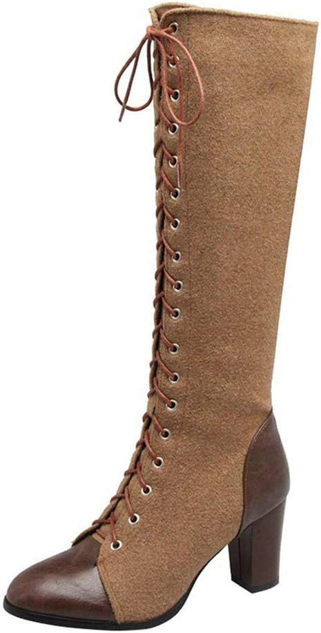 KOKOMOMO Womens High Block Heel Lace Up Knee High Boots with Zip Ladies Mid Calf Combat Boots