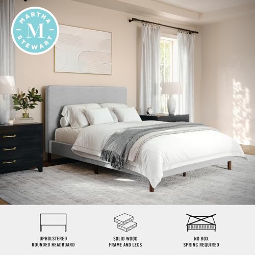 Image of Martha Stewart Britta Platform Bed with Headboard & Footboard, Faux Linen Upholstery with Piping Detail, Rounded Headboard, No Box Spring Needed, Full, Gray