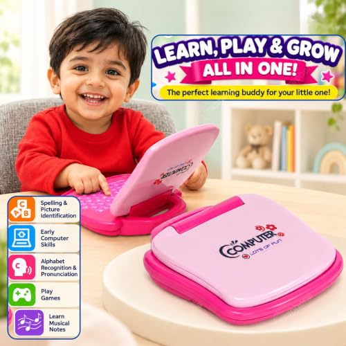 Image of Graphene Educational Learning Laptop Toy Mini Computer for Kids Tablet Led Display Music Games Fun Activities Baby Laptop Battery Operated Indoor Toys Gift for 2 3 4 5 Years Girl Boy Pink