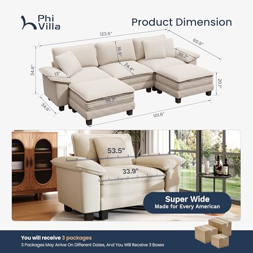 Image of PHI VILLA Cloud Modular Couch Sets, 123.6 inch Oversized Sectional Sofa with U-Shaped Chaise, 5-Seater Couches with 2 Movable Ottomans for Living Room, Chenille Beige