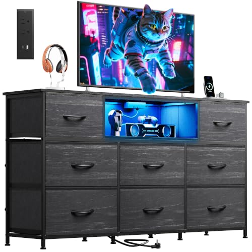 Image of WLIVE Dresser TV Stand for 65 Inch TV, 8 Drawers, LED, Black Wood Grain