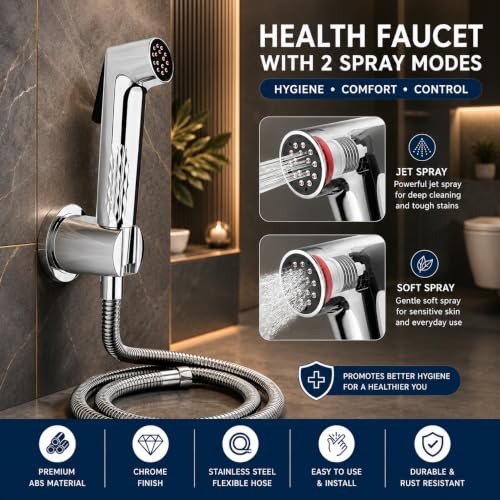 Image of No Block Health Faucet for Toilet (Complete Set) - German Engineered SS304 Hose (1.5m) & Wall Hook - Self-Cleaning High Pressure Jet Spray - Chrome Finish