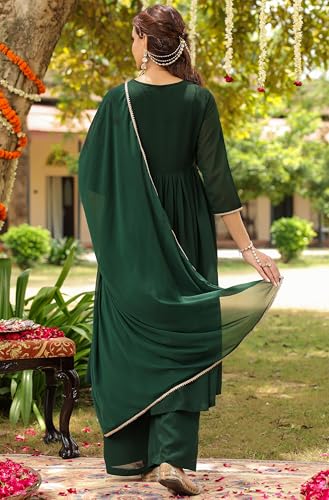 Image of Janasya Women's Georgette Zari Yoke Embroidered A-line Kurta Set