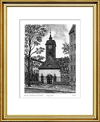 Akwaforta ręcznie drukowana monochromia Berlin, Dorfkirche Rixdorf z Falk, w złota wąska ramce, za passepartout, grafika artystyczna, sztuki projektowania, druk artystyczny
