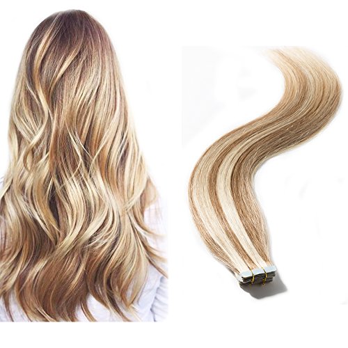Tape in Hair Extensions 100% Remy Human Hair 16" 18" 20" 22" Double Side Tape Seamless Skin Weft Natural Hair Extensions 20pcs Long Straight(22 inch 50g ,#12/613 Light Brown mix Bleach Blonde)
