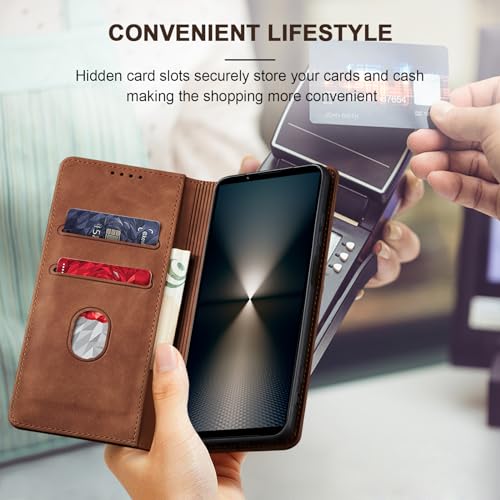 Image of Jasonyu Case for Sony Xperia 1 Vi, PU Leather Case, Book Type Flip Case with Cards and Wallet, Folding Stand, Magnetic Closure, Layer (Brown)