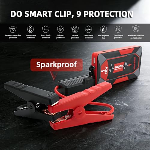 3000A Portable Car Jump Starter, 12V Battery Booster for 6.0L Gas/4.0L Diesel, 9 Safety Protections - image 5