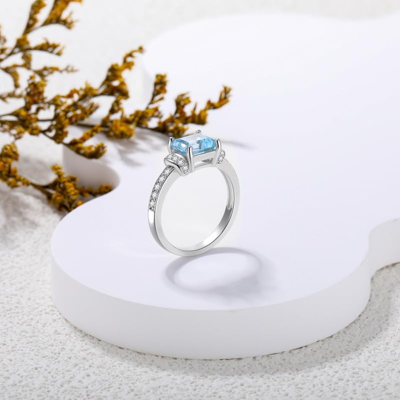 Aquamarine Ring 925 Sterling Silver 7 * 7 MM Princess Cut Aquamarine Rings for Women Moissanite Engagement Rings for Lover/Friend