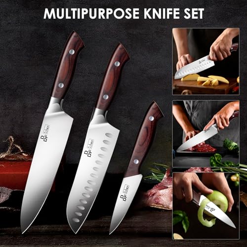 Image of DDF iohEF Knife Set 3 Piece, Sharp Kitchen Knife Set Professional Chef Knife Set for Kitchen Japanese Stainless Steel Cooking Knives with Ergonomic Pakkawood Handle