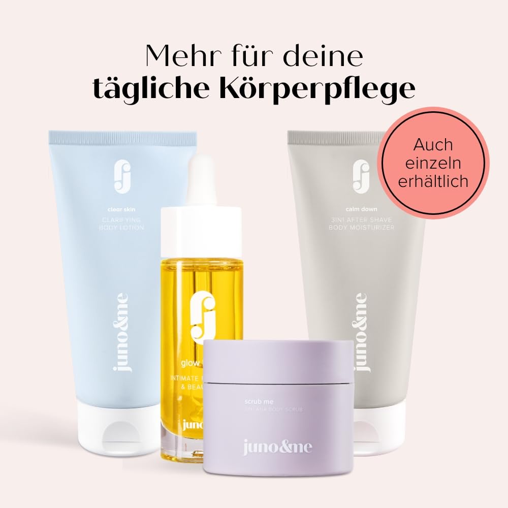 juno & me - All-in-One Set – Rasur- & Pflege-Routine mit AHA Körperpeeling, 2in1 Wash & Shave Gel, Body Shaving Oil, After Shave Moisturizer & Intimate Feel Good & Beauty Oil – vegane Körperpflege