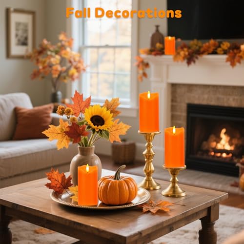 Image of Orange Flameless Candles Set of 2, 6 inchx3 inch Fall Candles with Remote & Timer