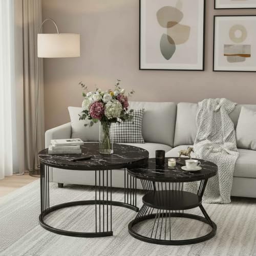Image of Round Coffee Table Set of 2 for Living Room Wooden Top with Gold Metal Frame Modern Nesting Center Table for Sofa Area Home & Office Furniture (Full Black)