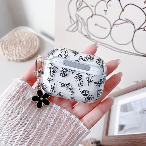 Image of MINSCOSE Compatible with AirPods Pro 3rd Generation Case (2025) with Cleaner Kit,Cute Flower Floral Aesthetic Design with Flowers Keychain for Girls Women for Airpods Pro 3-Black
