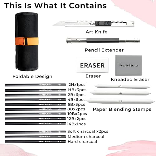 Image of DaKos 38 Pieces Professional Sketching & Drawing Art Tool Kit - Drawing Pencil Set, Shading Pencil Set for Artists, Perfect Sketching Kit of Charcol Pencil with Rolling Pouch (MFP1230)