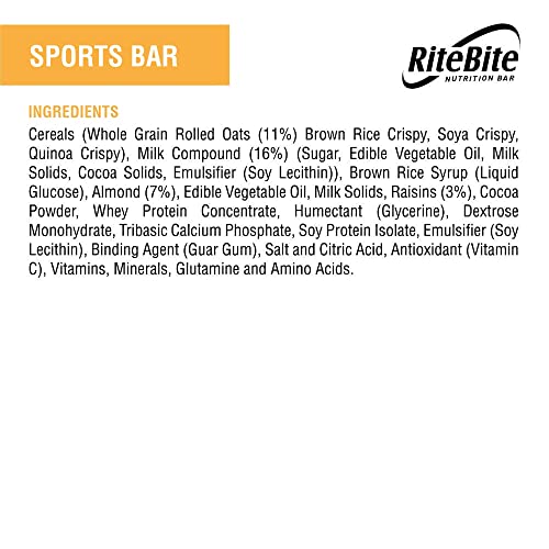 Image of RiteBite 4g Protein Bar, Sport Bar | With Almond, Mocha Electrolytes, Quinoa & Oats | No Cholesterol & Trans Fat Energy Bar, 40g (Pack of 12)