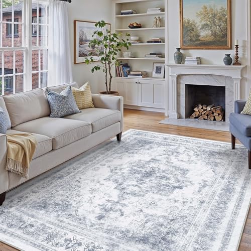 Washable Rug 8x10 Area Rug for Living Room Blue Vintage Boho Medallion Large Distressed Retro Carpet Non Slip Indoor Low Pile Small Soft Bedroom Dining Room Home Office