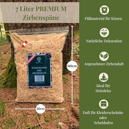 Waldklang Zirbenspäne 7 Liter - Zirbenholz aus Österreich - Füllmaterial für Kissen - Ideal für Holzdeko - Doppelt von Hand gesiebt