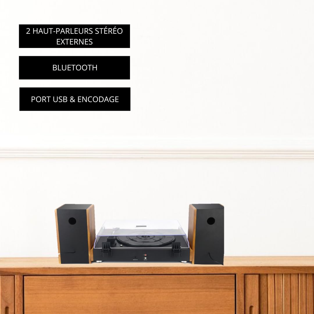 Halterrego Platine Vinyle Chicago, AV 2 Enceintes externes RMS 10w * 2, 3 Vitesses, Bluetooth in, RCA Out, USB, Adaptateur Inclus, Noir