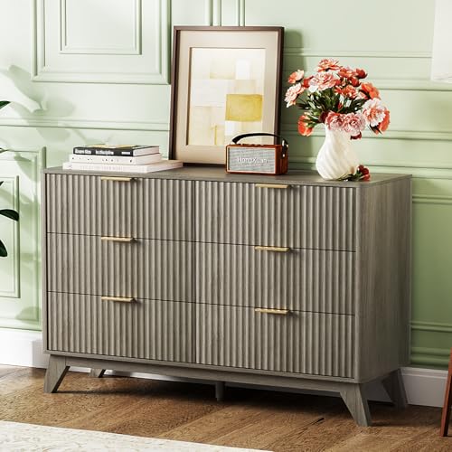 Image of VINGLI Fluted Grey Dresser 6 Drawer Gray Dresser with Rounded Edges, Grey Dressers for Bedroom, 46.8 inch W*15.5 inch D*31 inch H