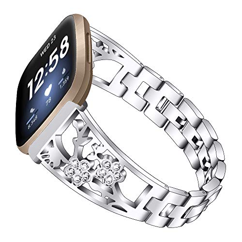 WIGERLON Compatible con Fitbit Versa 4 Band para mujer con Bling Diamond, correa de reloj de acero inoxidable para Fitbit Sense 2, color plateado, Acero inoxidable, Ágata