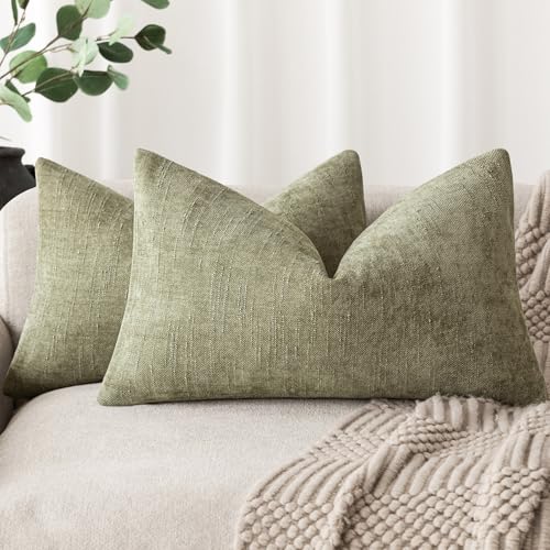 Image of Foindtower Pack of 2 Textured Chenille Throw Decorative Pillow Covers Square Accent Solid Cushion Cover Neutral Farmhouse Lumbar Pillow Case for Couch Sofa Bedroom Living Room 12x20 Inch,Sage Green