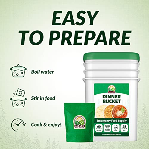 Image of Valley Food Storage 60 Serving Dinner Bucket | Premium Emergency Food Supply with 25 Year Shelf Life | Non-GMO Survival Food, Prepper Meals, Camping & Off-Grid Living Supplies | Packaged in USA