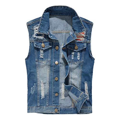 Mens Casual Button-Down Denim Vest Trucker Cowboy Jean Jacket Holes Tops