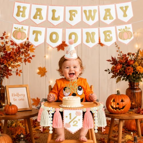 Image of 1 /2 Birthday Girl Half Birthday Decorations-Pink Pumpkin Half Way to One | 6 Months Birthday Decorations; High Chair Banner Boy;Wooden Cake Topper; Half Birthday Hat; Thanksgiving Day Decorations