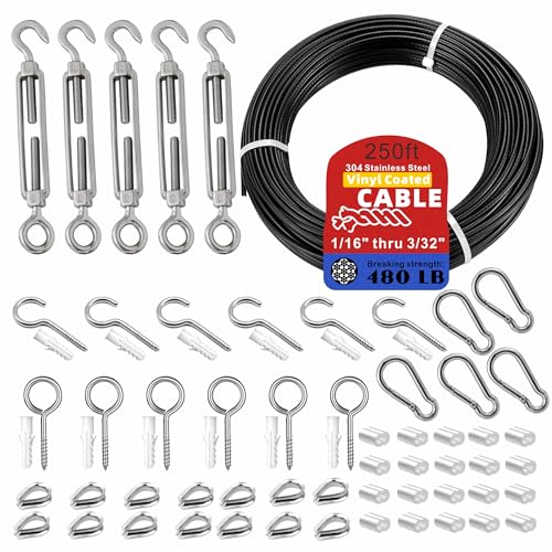 String Light Hanging Kit with Black Vinyl Coated 304 Stainless Steel Wire Rope,1/16 Inch Overmolded...