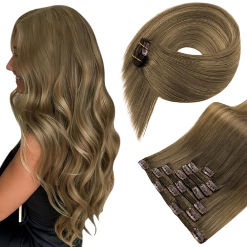 Image of LaaVoo Human Hair Clip in Extensions 24 Inch 150g Human Hair Extensions Clip Ins Light Brown Balayage Golden Blonde Real Human Hair Extensions Clip ins Full Head 7pcs