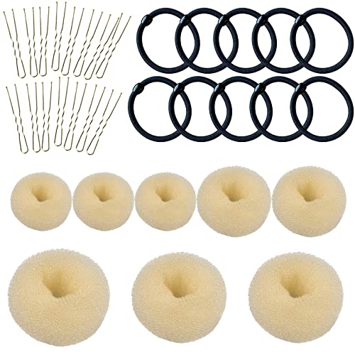 VEGCOO Chignon a Ciambella, 8 Pz Creatore per Pane Ciambella Chignon a Ciambella Magic Hair per Bambine e Donne, con 15 Elastici per Capelli e 15 Forcine Forma di U (Beige)