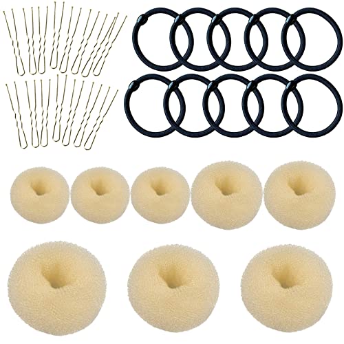 VEGCOO 8 Pièces Cheveux Donuts Chignons Épingle à Cheveux 10Pcs Bande de Caoutchouc Noire 15Pcs Épingle à Cheveux en Forme de U(Jaune crème)