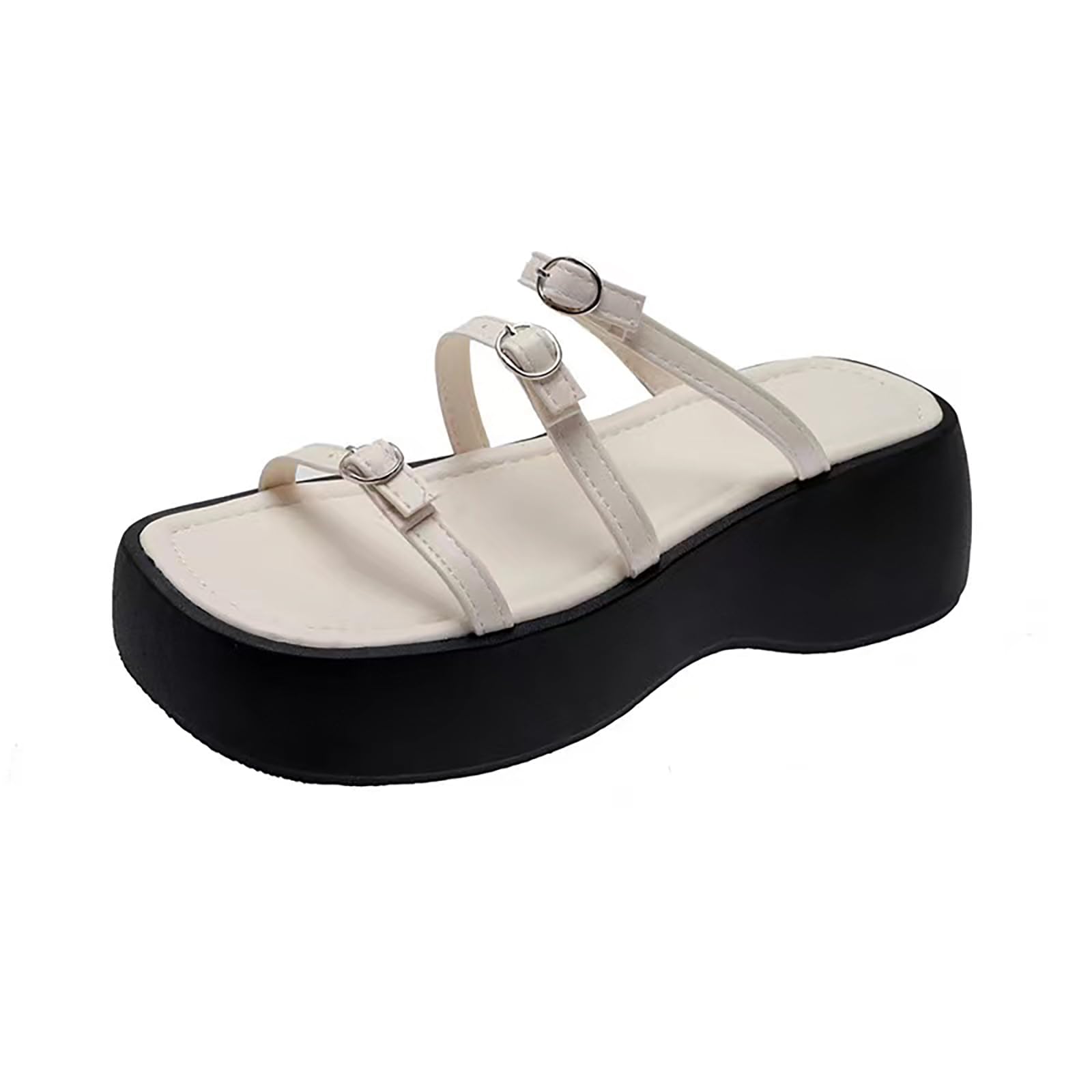 HDFDB Women'S Leather mulit strappy Platform Slides sadals Fashion square Open Toe chunky goth Y2K slippers For Summer Casual Beach Chunky Wedge