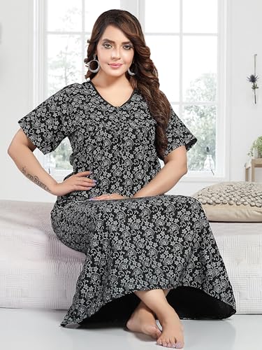Image of Onekbhalo Women's- Full Sleeves-Feeding- Nursing- Maternity Nighty /Maxi /Gown /Nightdress /Nightwear- Hosiery Cotton Fabric- Floral Print- Embroidery with Zip