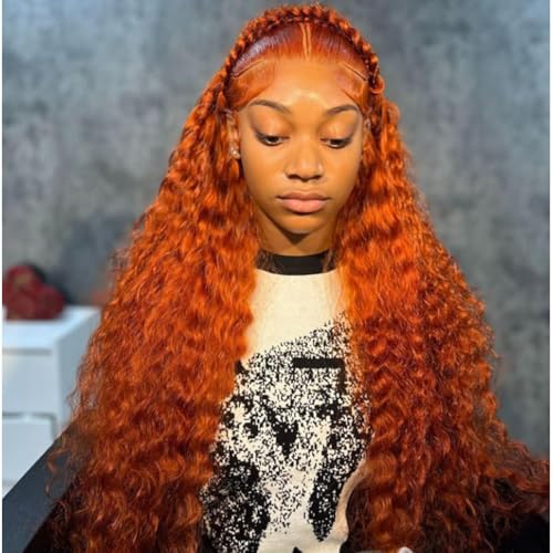 DJFG Deep Wave Lace Front Wigs Human Hair Curly Wig Human Hair HD Frontal 200 Density 13x6 Lace Ginger Wig Human Hair Orange 30 Inch