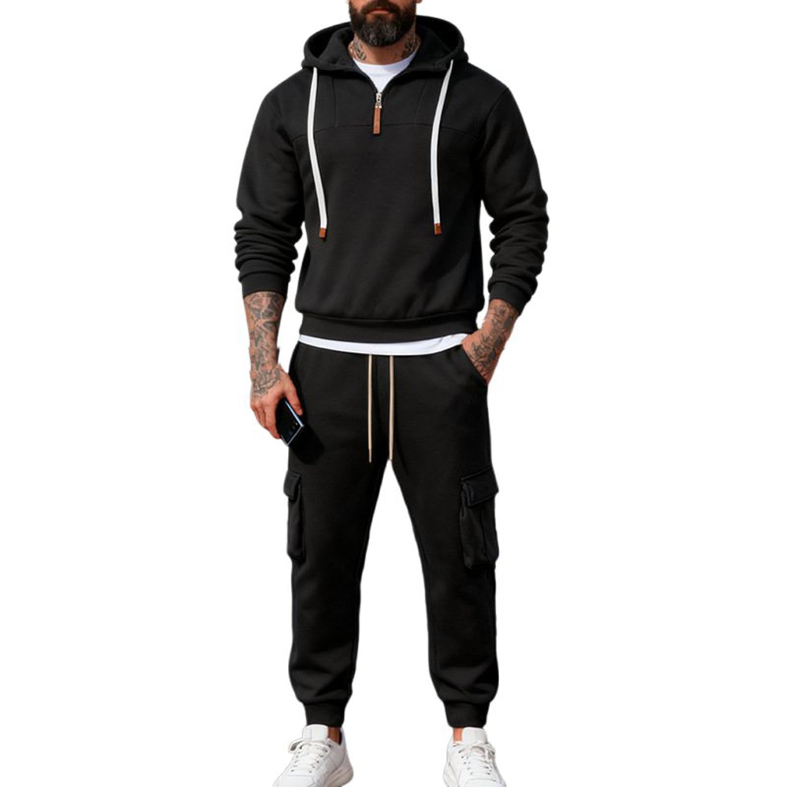 Generisch Chándal para hombre, traje de entrenamiento de 2 piezas, monocolor, juego de sudaderas con capucha con cremallera 1/4 y pantalones cargo, traje de deporte, traje de ocio, traje de invierno