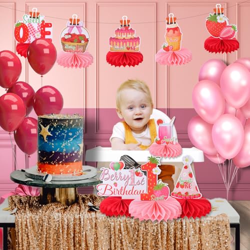 Image of 9pcs Strawberry 1st Birthday Honeycomb Centerpieces First Birthday Party Decorations for Girls Sweet ONE Strawberry Table Centerpieces Baby Shower One Birthday Table Topper Sign Decorations