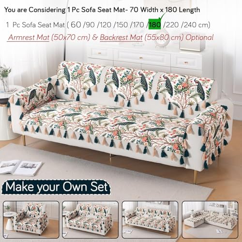 Image of HOKIPO Sofa Cover Mat with Tassel for1 /2 /3 Seater & L Shape Sofa | DIY Sofa Cover Set | Printed Holland Velvet | 'Whispers of Nature' | 70(W) x 180(L) cm | Multicolor Tropical Peacock (NEW-IN-1122-D1)
