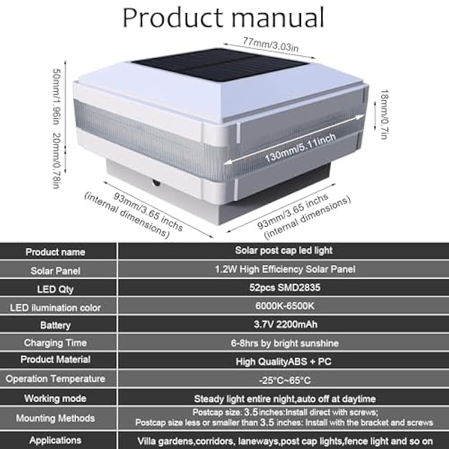 Solar Post Cap Lights 52LEDs 160Lumen - Solar Fence Deck Post Lights for 3X3 4x4 5x5 6x6 Wood Posts, Outdoor Post Lights Waterproof IP65, for Patio Porch Driveway Outdoor Landscape Lighting