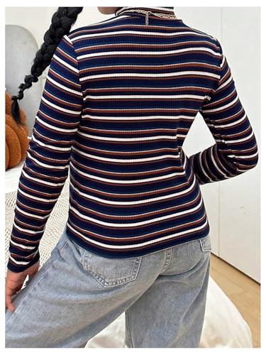 Floerns Girl's Striped Mock Neck T Shirts Long Sleeve Rib Knit Fitted Casual Tee Top3