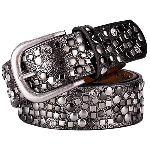 Women's Shiny Leather Waist Belt, Fashion Belt with Studded Rivets and Rhinestones