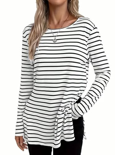 LilyCoco Womens Striped Shirt Casual Long Sleeve T Shirt Side Slit Tees