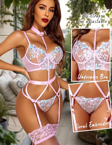 Avidlove Garter Lingerie Sets for Women Sexy with Removable Choker Floral Embroidered Underwire Lingerie (No Stockings)2