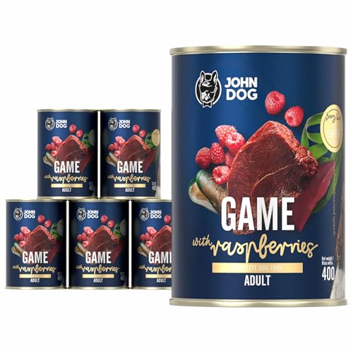 John Dog Hundefutter für Hunde Berry Line Wildschwein mit Himbeeren - Getreidefrei Hundenassfutter mit Superfoods und 96% Fleisch & Innereien - Nassfutter für Erwachsene Hunde 6 x 400g